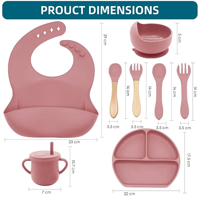 100% Silicone Baby Feeding Set,BPA Free Baby Dishes Set with Suction Bowl Divided Plate,Toddler Self Feeding Dish Set with Spoons Forks Sippy Cup and Bib, Baby Eating Utensils (Coral)