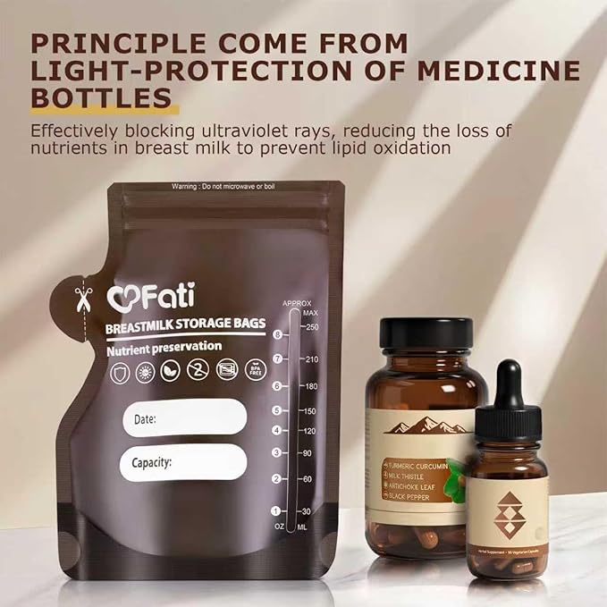 FATI Breastmilk Storage Bags-60 Pcs, 8Oz Blackout Breast Milk Storing Bag with Pour Spout for Baby Bottle Feeding/Breast Pump, No-Leak Milk Freezer Storage Pouches Self-Standing, Baby Essentials