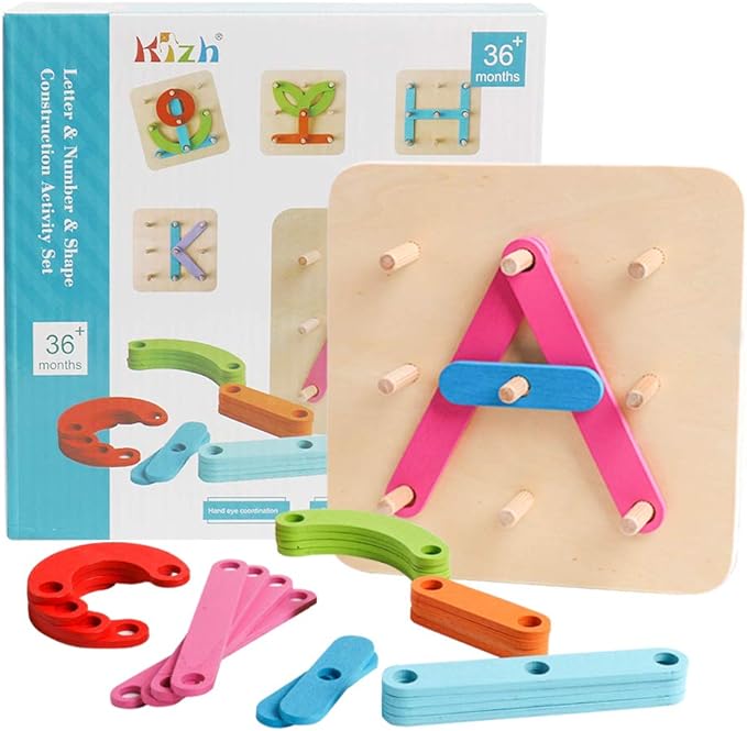 kizh Wooden Letter and Number Construction Activity Set Educational Preschool Toys Shape Color Recognition Pegboard Sorter Set Board Blocks Stack Sort for Toddler Kids Boys Girls Toy