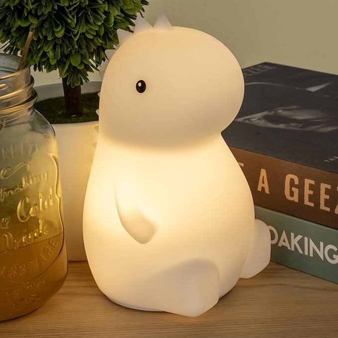 LED Squishy Animal Night Light - 2 Level Dimmable Nursery Lamp for Kids, Rechargeable Touch Lamp, Cute Dorm Decor - Perfect Baby Boys Girls Gift (Little Dinosaur)