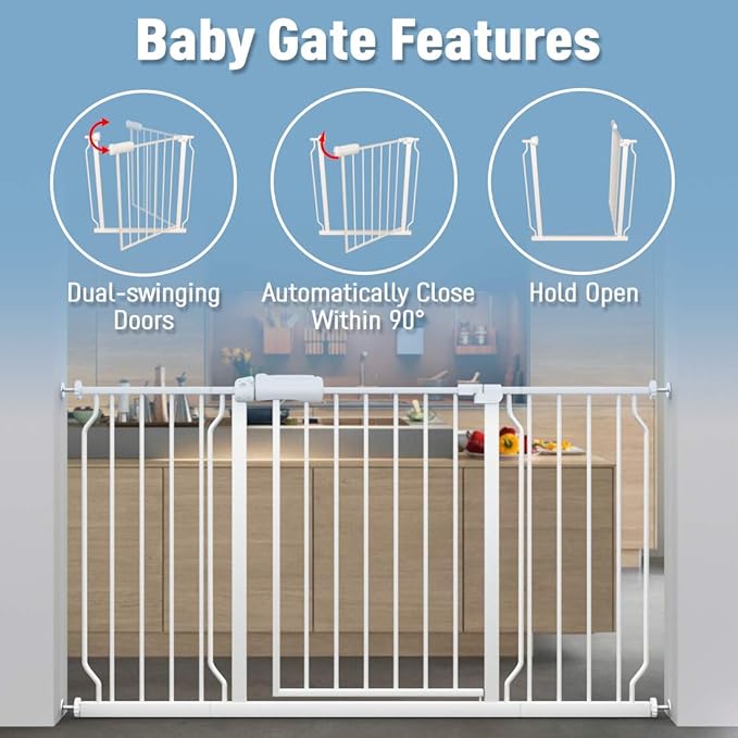 ALLAIBB Extra Wide Pressure Mount Baby Gate Auto Close White Metal Child Dog Pet Safety Gates with Walk Through for Stairs,Doorways,Kitchen and Living Room(43.31-48.03"/110-122cm)