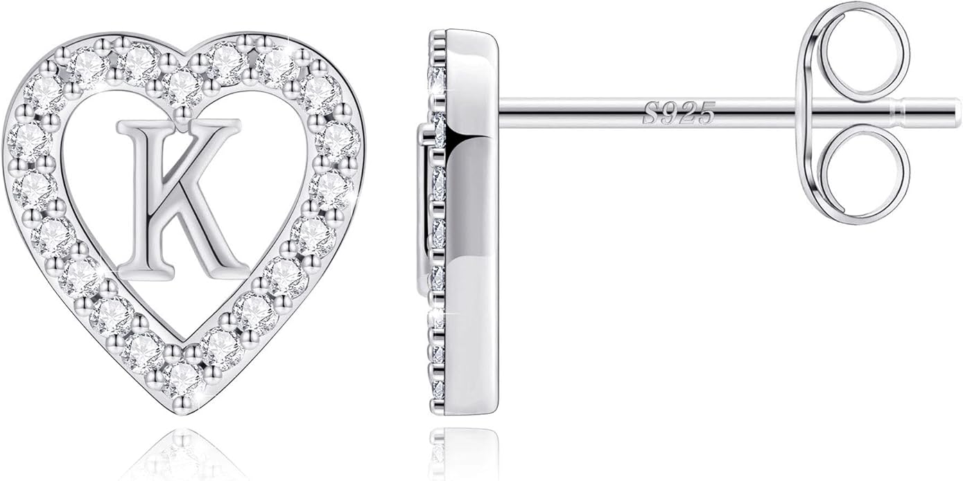Anoup Christmas Gifts for Grandkids Girls Earrings - S925 Sterling Silver Post CZ Hypoallergenic Stud Heart Initial Earrings for Women Kids Jewelry Stocking Stuffers for Teen Girls Birthday Gifts