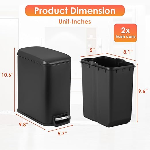 PayLessHere Slim Trash Can, 1.3 Gallon Bathroom Trash Can with Lid, Small Black Stainless Steel Waste Bin with Removable Inner Bucket for Home, Office, Restroom (5Liter)