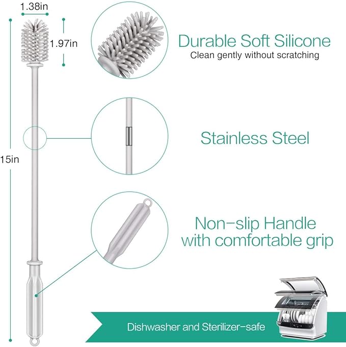 Silicone Bottle Brush,Bottle Cleaning Brush,Long Handle,Flexible and Bendable Kitchen Cleaner Brush for Narrow Neck Containers,Water Cup,Baby Bottles,Sports Bottle,Glassware
