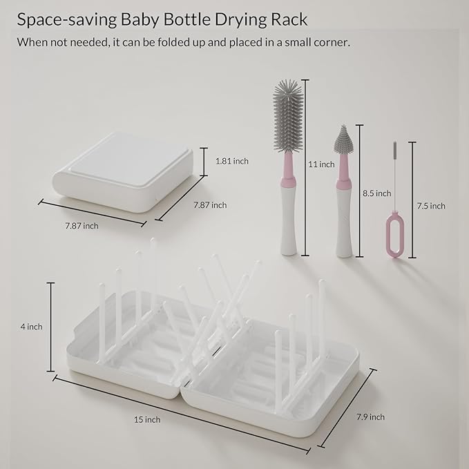 Portable Baby Bottle Brush Set with Multiple Brushes,Soap Dispenser, Foldable Bottle Drying Rack for 16 Bottles, Bottle Cleaner Brush Set for Bottles and Baby Accessories, Baby Travel Essential