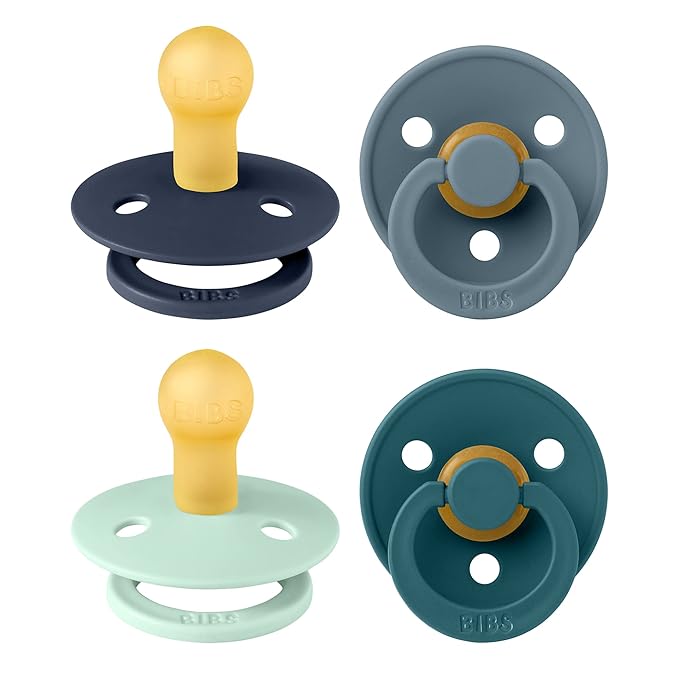 BIBS Pacifiers - Colour 4 Pack | Round Nipple Baby Pacifier | BPA Free Natural Rubber Latex Soother | Made in Denmark | Size 0-6 Months | Boy Colors