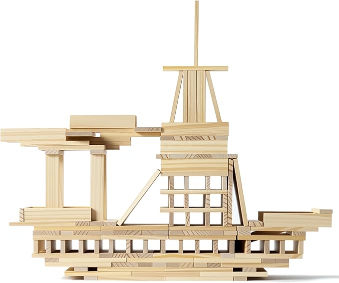 300pcs Open Ended Wooden Building Blocks for Kids 6.6lb, Natural Pine Rectangular Wood Building Toys，Construction Toys for Toddlers, STEM Building Set,Birthday Gift for Ages 3-8 (S 4.7"-Wood Color)