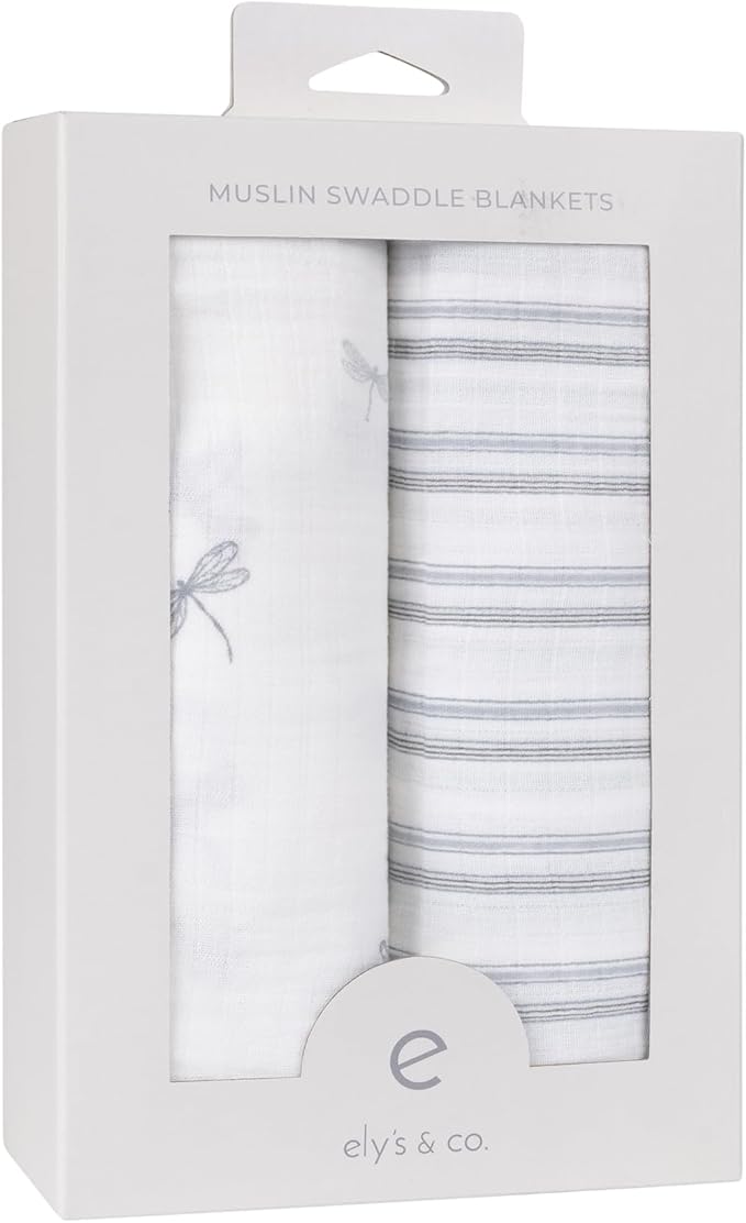 Ely's & Co. Muslin Swaddle Blankets 2-Pack for Baby Boy, 100% Cotton Muslin Extra Large Swaddle Receiving Blankets, 47”x47” (Blue Dragonflies + Stripes)