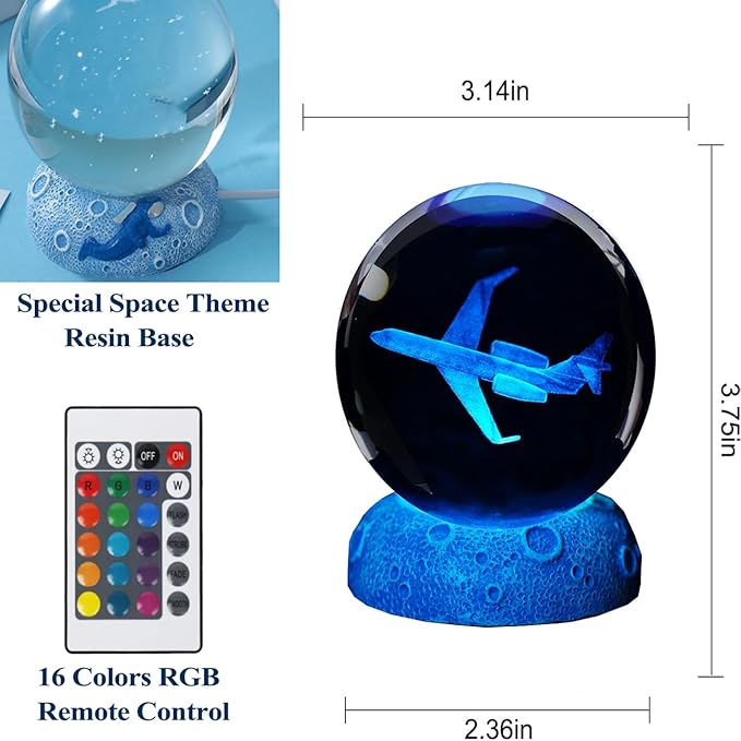 Planes Night Light, Aviation Gifts, 3D Crystal Ball 3.15 Inch (80mm) Airplane Night Light with Remote, Pilot Lamps with 16 Color for Birthday Xmas Cool Figurines Gifts for Room Decor Boys Girls