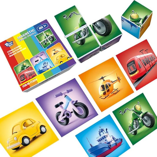 Magnetic Building Blocks Tiles, Large Magnetic 1.65 inch Cubic Puzzle Toys in Vehicles Theme, STEM Montessori Sensory Toys for Toddlers 1-3, Gifts for Girls & Boys