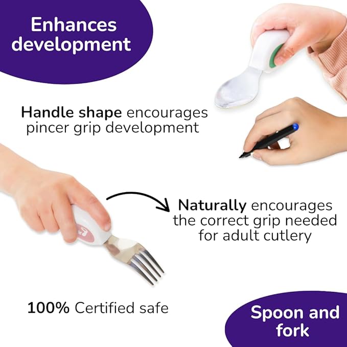 doddl Toddler Utensils, Ergonomic Fork and Spoon Set for Self Feeding, Stainless Steel Silverware for 1-3 Year Olds, BPA Free, Dishwasher Safe (Dusky Rose (Twin Pack))