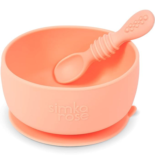 Simka Rose Baby Bowl and Spoon Set, Suction Bowls for Toddler, BPA-Free Silicone, Dishwasher and Microwave Safe (Peach)