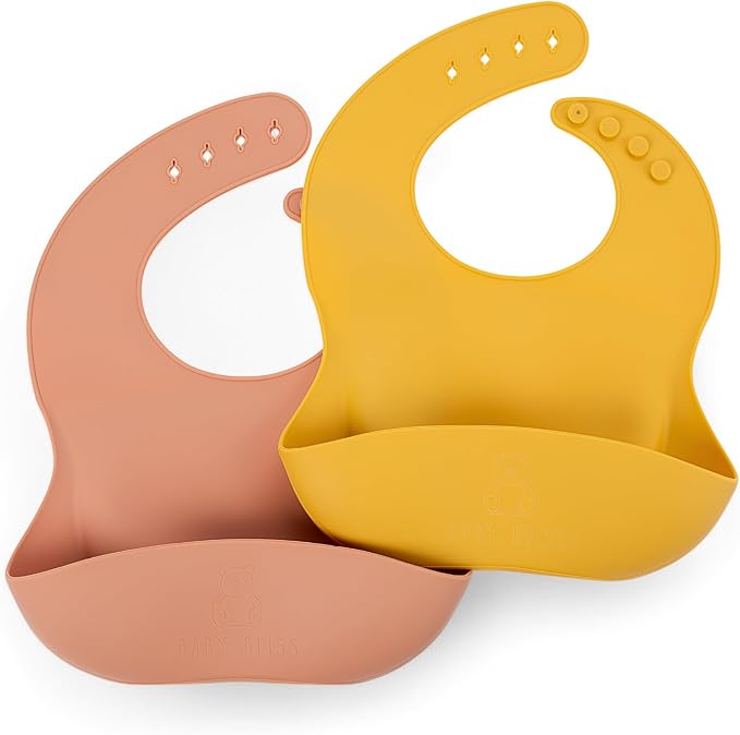 Silicone Bib 2-Pack: Safe, Non-Toxic, Food-Grade. Waterproof, Adjustable Neck Band, Easy-Clean Pouch Catcher.