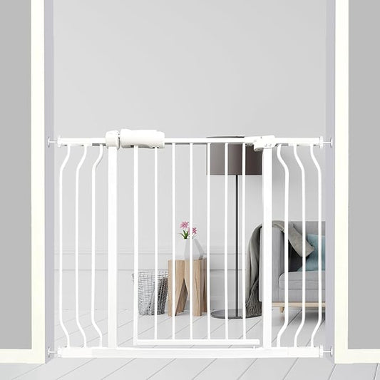 38.5-43.5 Inch Extra Wide Baby & Dog Gate, Pressure Mounted Walk Through, Heavy-Duty Safety Gate for Doorways & Stairs, White Metal with Extension Kit