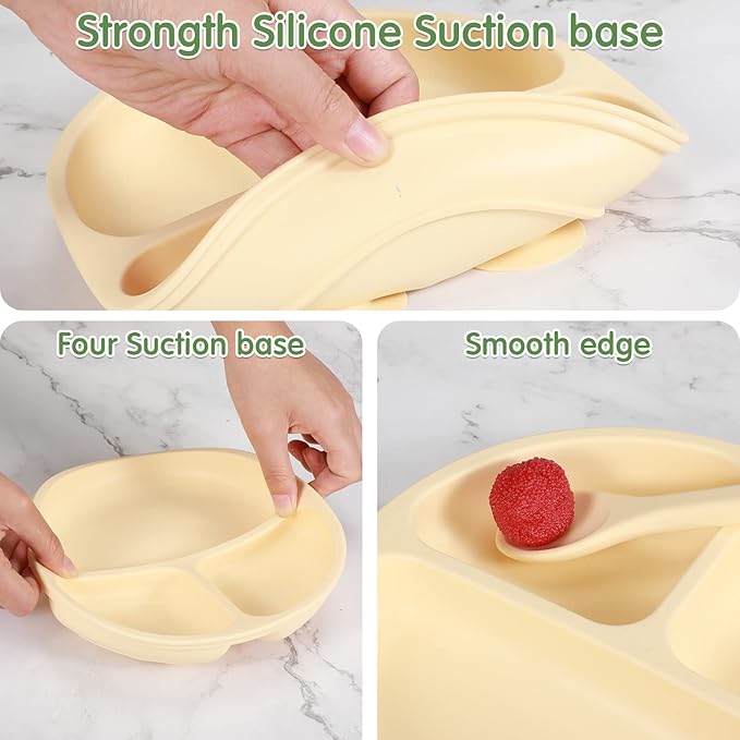 Chengu 12 Pcs Silicone Bowl with Suction Set for Baby Toddler with Suction Plate, Spoon and Fork, Divided Design Baby Feeding Utensils Weaning Kit, Dishwasher and Microwave Safe