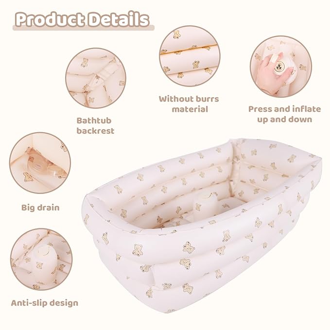 Inflatable Baby Bathtub with Built-in Air Pump, Portable Bathtub for Babies 0-5 Years Old, Small Ball Pool, Foldable Bath Tub for Travel, 30.7 x 14.6 Inch (Bear)