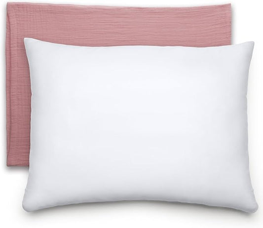 Comfy Cubs Toddler Pillow with Muslin Pillowcase, 13 x 18 in - Travel and Sleep Support for Kids - Lightweight, Breathable Microfiber Fill - Soft and Cozy Small Pillow for Toddlers - Mauve