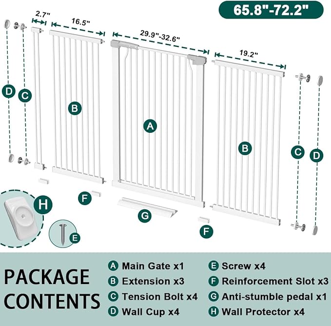 Fairy Baby 40.5" Extra Tall Baby Gate No Drill, 65.8"-72.2" Extra Wide Large Dog Gate, Pressure Mounted Walk Through Adjustable Tension Safety Gate, Auto Close Child Pet Gate for Stairs Doorway, White