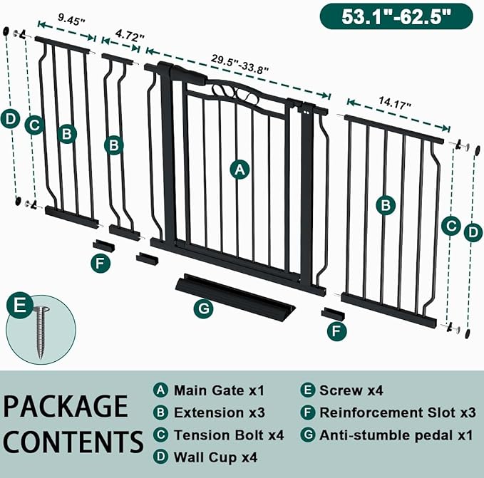 Fairy Baby 53.1"-62.5" Extra Wide Baby Gates for Stairs & Doorways, Long Baby Safety Child Toddler Gate Pressure Mounted No Drill, Metal Auto Close Large Pet Dog Gate Walk Thru Indoor Outdoor, Black