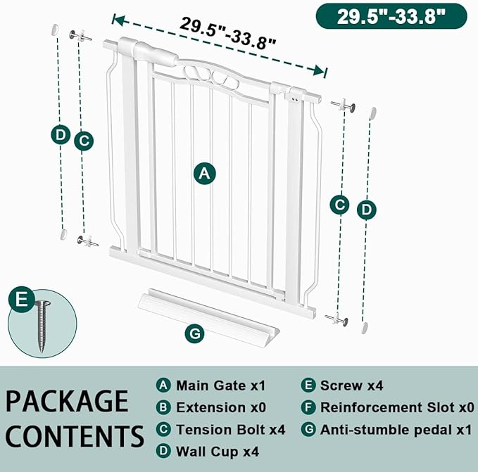 Fairy Baby Extra Wide Pet Dog Gate, Adjustable 29.5"-33.8" Wide Pressure Mounted Baby Gate Indoor for Stairs Doorways, Safety Child Gate Metal Auto Close Walk Thru Toddler Gate for Doggy Kids, White