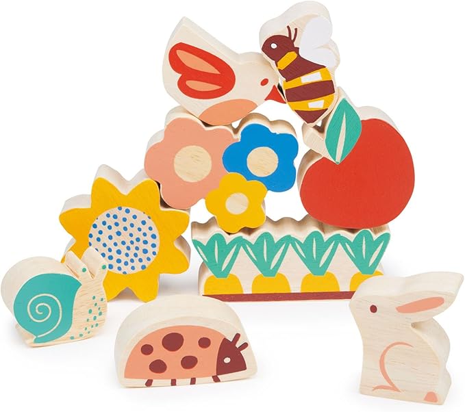 Mentari Toys - Happy Stacking Garden - 9 Wooden Nature Theme Pieces Stacking Toy - Boost Fine Motor Skills and Dexterity - Age 18 Months+