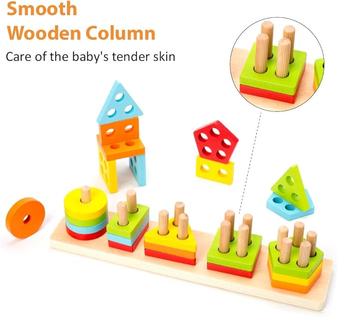 WOOD CITY Wooden Sorting & Stacking Toy, Shape Sorter Toys for Toddlers, Montessori Color Recognition Stacker, Early Educational Block Puzzles for Kids 1 2 3 Years Old Boys and Girls (5 Shapes)