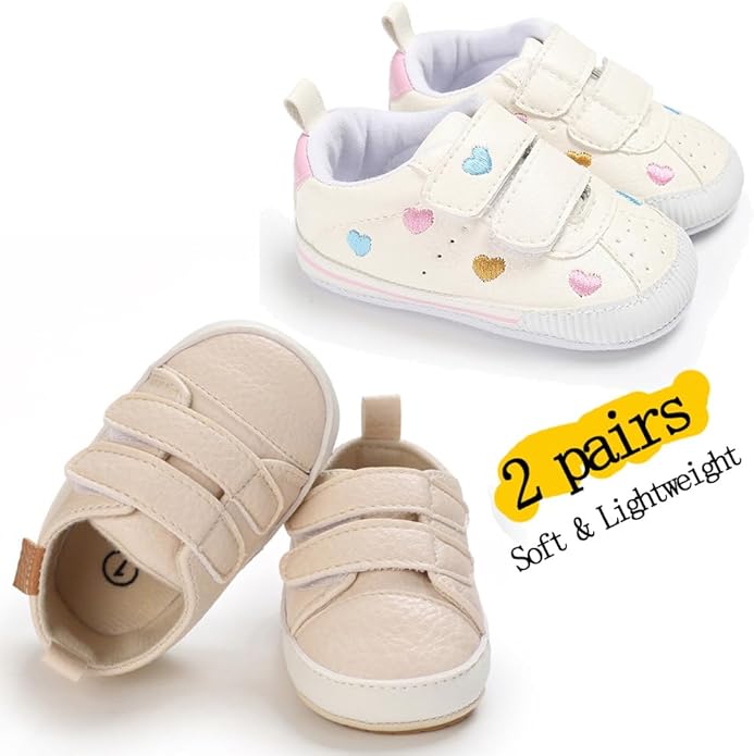 2Pairs Baby Shoes,Boys Girls Non-Slip Rubber Sole Sneakers,Unisex Infant Soft Lightweight First Walking Crib Shoes