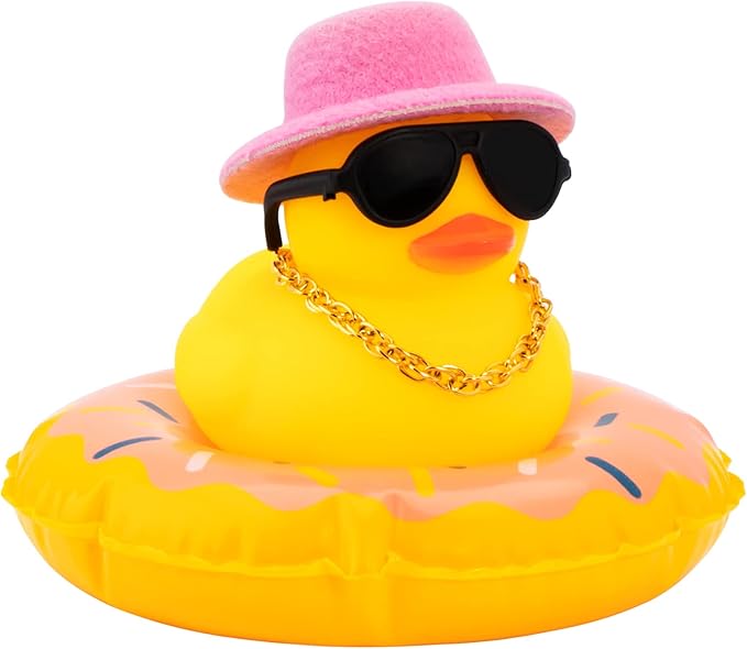 wonuu Car Rubber Duck, Yellow Duck Decoration Dashboard with Sun Hat Swim Ring Necklace Sunglasses for Car Dashboard Decorations