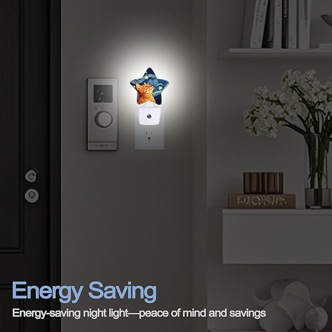 Starry Night Cat Night Lights Plug Into Wall,Abstract Oil Painting Star Night Light for Kids,Nightlight with Dusk to Dawn Smart Sensor for Bedroom Bathroom Decor,Children Women Men Gift