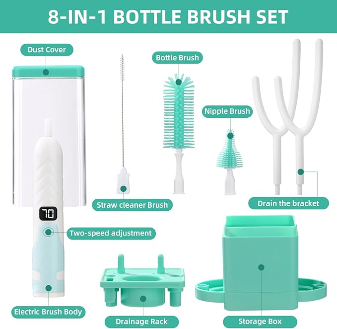 Electric Bottle Brush Cleaner,Electric Baby Bottle Brush Cleaner, Baby Bottle Washer,8 in 1Automatic Bottle Cleaner Brush Set (Green)
