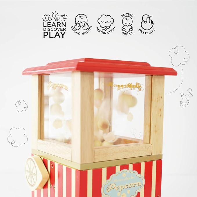 Le Toy Van - Wooden Honeybake Retro Popcorn Machine | Cinema, Kitchen Or Movies Pretend Play | Movie Night Role Kids Play Toy