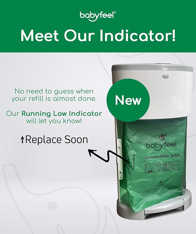 Babyfeel BIO Refills Compatible with DEKOR CLASSIC Diaper Pails | 100% Compostable |4 Pack |50% Extra Thickness | Compost Refill bags with Running Low Indicator |Powerful Odor Control | Fragrance-free