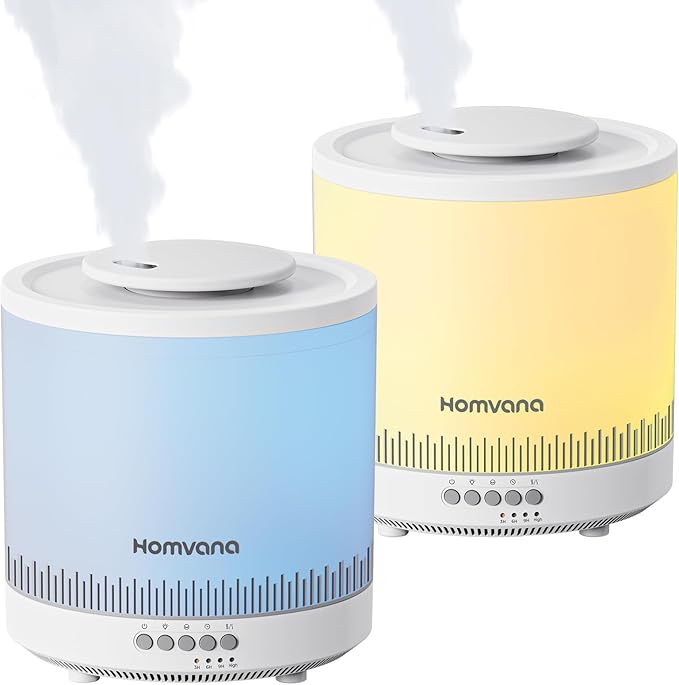 Homvana Small Humidifiers for Bedroom - 2 Packs 1.5L Cool Mist Top Fill Humidifier for Baby Nursery, Essential Oil Diffuser, 3 in 1 for Home Plants Offices and Grow Tents, 7 Color Lights, Ultrasonic