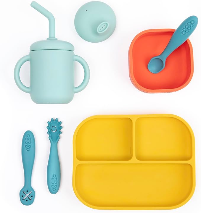 Bella Tunno Little Bites Bundle Baby Feeding Set with Bowl, Plate, Utensils, Cup, Lids; Baby Led Weaning Supplies; 100% Food-Grade Silicone (Circus Fun)