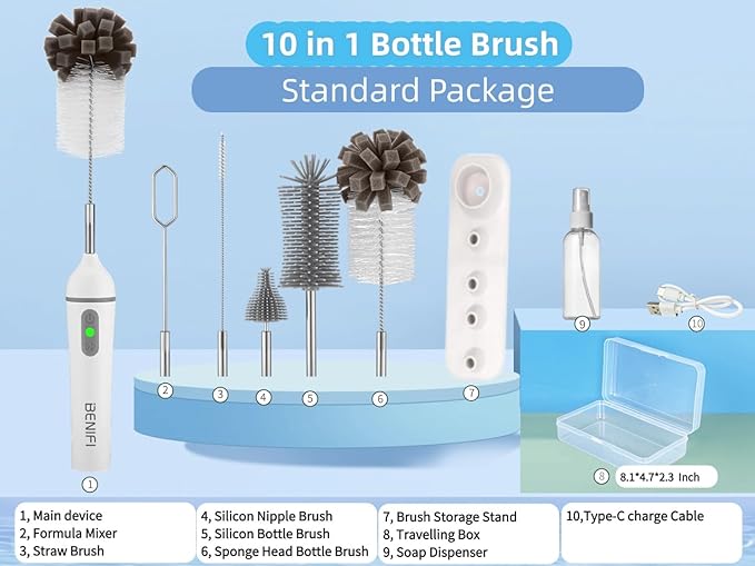 Electric Bottle Brushes Set, Baby Bottle Brush Cleaner, Portable Cleaning Brush Set, Silicon Bottle Brushes, Formula Mixer, Nipple Brush, Straw Brush, Soap Dispenser