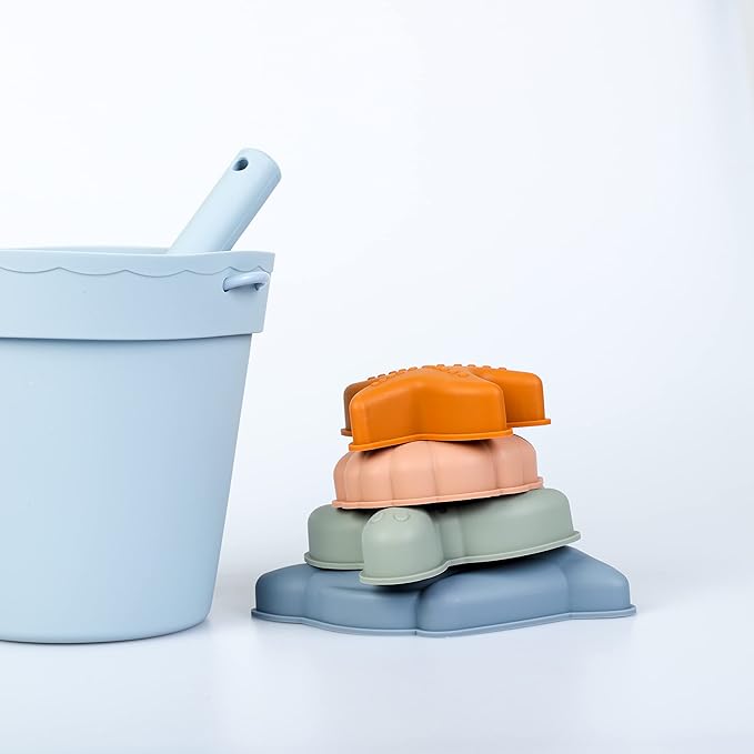 BLUE GINKGO Modern Baby Sand Toys | Travel Friendly | Silicone Bucket, Shovel, 4 Molds, Beach Bag for Toddlers, Kids - Blue
