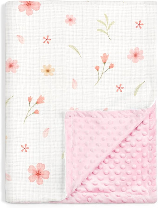 Floral Baby Blankets for Girls Newborn, Soft Nursery Minky Blankets with Muslin and Dotted Fleece Back 30x40 inches, Receiving Bed Quilt for Infants, Toddlers