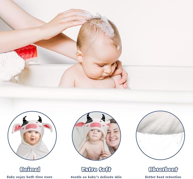 Baby Towels with Hood for 1-6, 2-Pack Toddler Bath Towel with Animal Face Soft Absorbent,Premium Coral Fleece Ultra Absorbent Thick Shower Gift for Kids Infant,White Cow &Blue Penguin Set