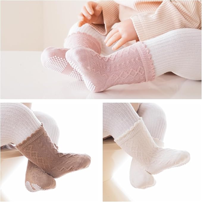 Baby Crew Socks,Grips Combed Cotton Socks Toddler Non-Skid for Girls,Boys Non Slip/Anti Skid 9-Pack