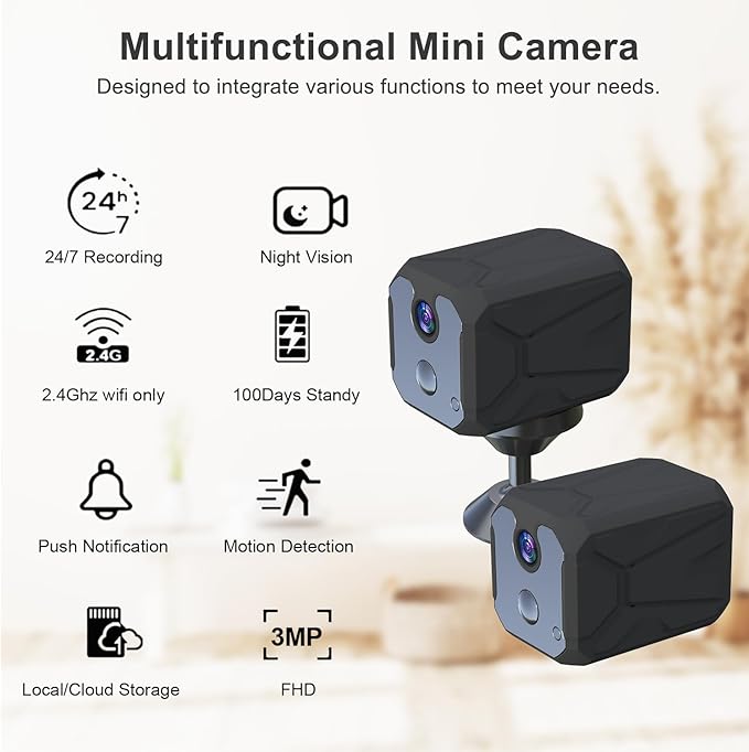 ZHENHAN 1440P HD Mini Wireless Camera Indoor Security Rechargeable Camera Motion Detection, Night Vision, 100-Day Battery, Cloud/SD Storage & App Control Nanny/Pet/Baby Monitor(Black)