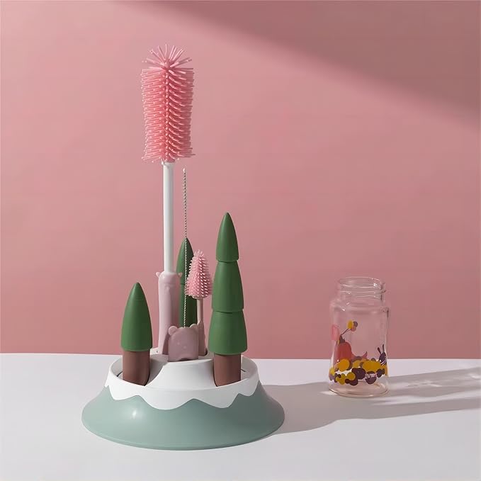 Chemimoso Baby Bottle Drying Rack and Cleaning Set, with Straight Silicone Baby Bottle Brush, Pacifier Brush, Straw Brush, Cup Lid Cleaning Brush, 2025 Xmas Holiday Surprise Gift for Newmom, Z Pink