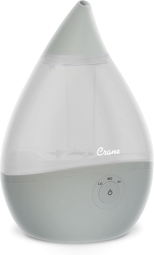 Crane Teardrop Ultrasonic Cool Mist Baby Humidifier for Nursery, Essential Oil Diffuser, Adjustable Settings, Auto Shut-Off, Grey, 0.5 Gallon