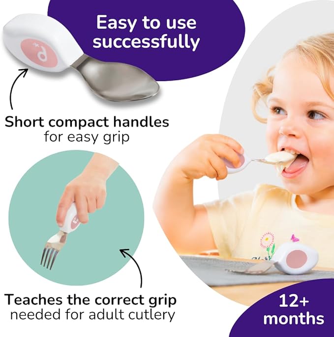 doddl Toddler Utensils, Ergonomic Fork and Spoon Set for Self Feeding, Stainless Steel Silverware for 1-3 Year Olds, BPA Free, Dishwasher Safe (Dusky Rose (Twin Pack))