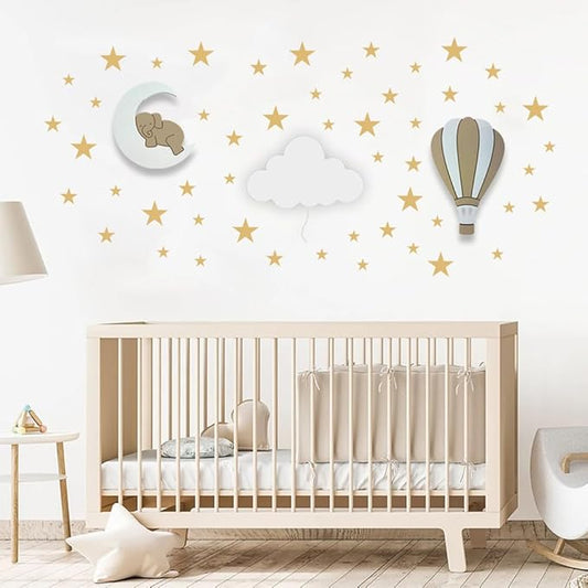 BugyBagy Nursery Wall Lamp Set – 3 Hand Painted Night Lights for Baby Room (Hot Air Balloon, Cloud, Elephant on Moon) + Bonus Wall Stickers – Soft Linen Colors (Beige Theme)