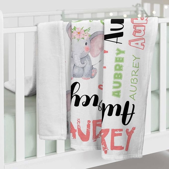 Personalized Name Toddler Blanket for Baby Kids, Cute Elephant Blankets for Daughter Son Granddaughter Grandson, Customized Name Blanket for Christmas Birthday, Baby Girl Boy Newborn Essentials