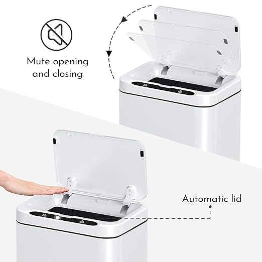 ELPHECO Stainless Steel Office Trash Can 6.6 Gallon Motion Sensor Garbage Bin Rectangular Automatic Touch Free Waste Bin for Hotel and Living Room(White), 2AA