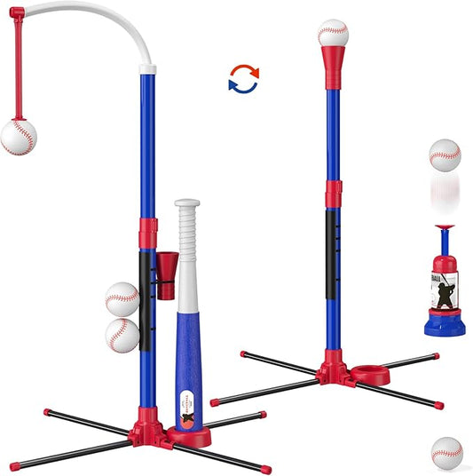 3-in-1 Baseball Set for Kids 3-5 - Tee Ball Stand, Hanging Tee, Ball Launcher and 6 Softballs - Adjustable Height, Indoor/Outdoor Sport Gifts for Boys Girls, Blue