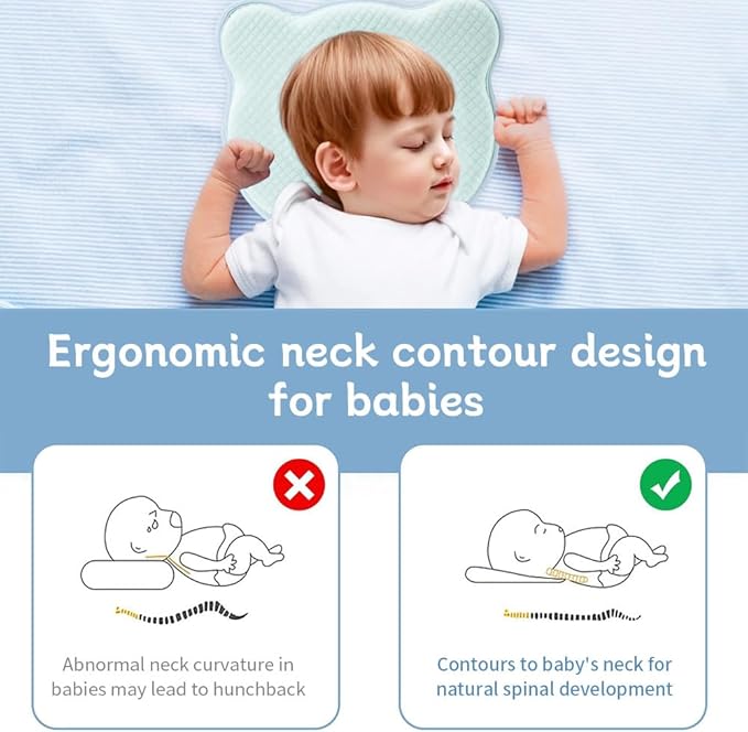 Memory Foam Baby Pillow for Newborn Flat Head Baby Pillow Machine-Washable Neck Support Prevent Flat Head 100% Cotton,Blue
