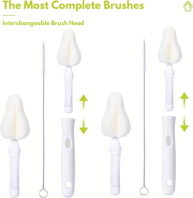 8 Pcs Sponge Nipple Bottle Brushes, Baby Bottle Brush with 3 Pcs Nipple Cleaner, 3 Pcs Replacement Heads and 2 Pcs Straw Brushes, White