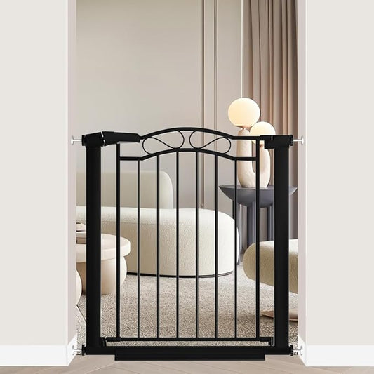 Black Baby Gate with Door-Walk Through Baby Gates for Stairs Pressure Mounted no Drill-Indoor Tension Metal Child Pet Dog Safety Gate 29.53"-32.28" Wide